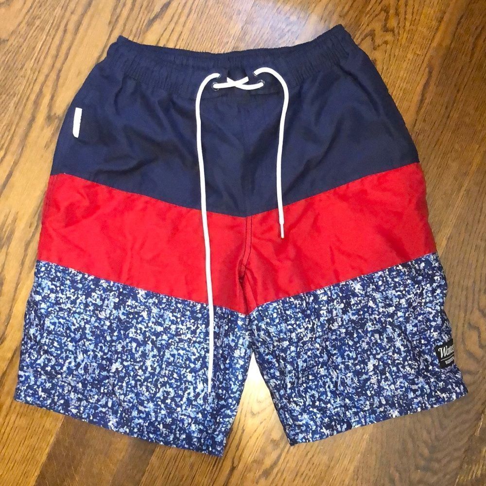 TESLA Mens Waves Surfista Rugby Navy Red Stripe Lined Swim Trunks Sz Medium